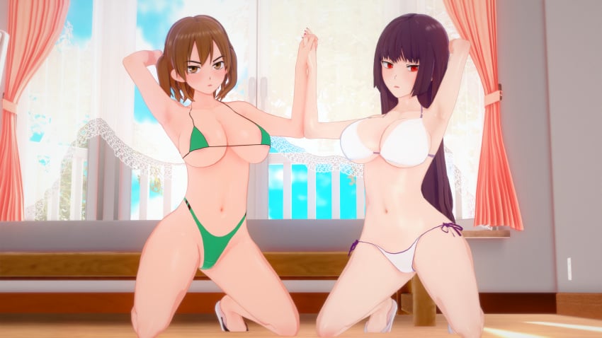 2girls big_breasts bikini blush breasts brown_eyes brown_hair clothed clothing cricgck curvy female female_focus female_only hi_res highres looking_at_viewer medium_hair multiple_girls please_don't_bully_me,_nagatoro ponytail pose president_(nagatoro) purple_hair red_eyes revealing_clothes sana_sunomiya shikki_(nagatoro) simple_background spread_legs wide_hips