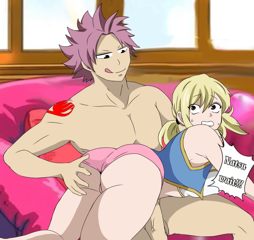 1boy ass couple fairy_tail female kyrios375 lucy_heartfilia male/female natsu_dragneel nude_male pink_panties straight teasing twintails