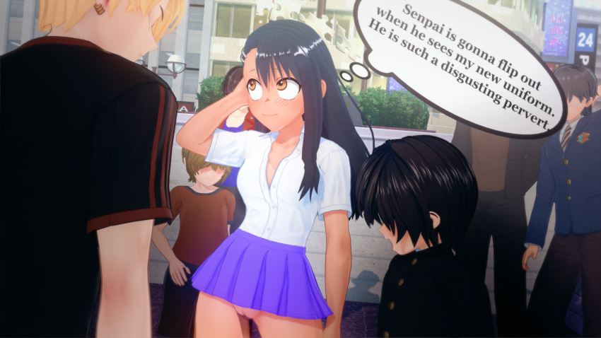 1girls 3d abraham_koikatsu black_hair blonde_hair blush breasts brown_eyes clothed clothing english_text female hayase_nagatoro hi_res highres long_hair no_panties please_don't_bully_me,_nagatoro public public_indecency pussy revealing_clothes short_hair simple_background skirt small_breasts tan tan-skinned_female tan_body tan_skin tanned tanned_female text upskirt