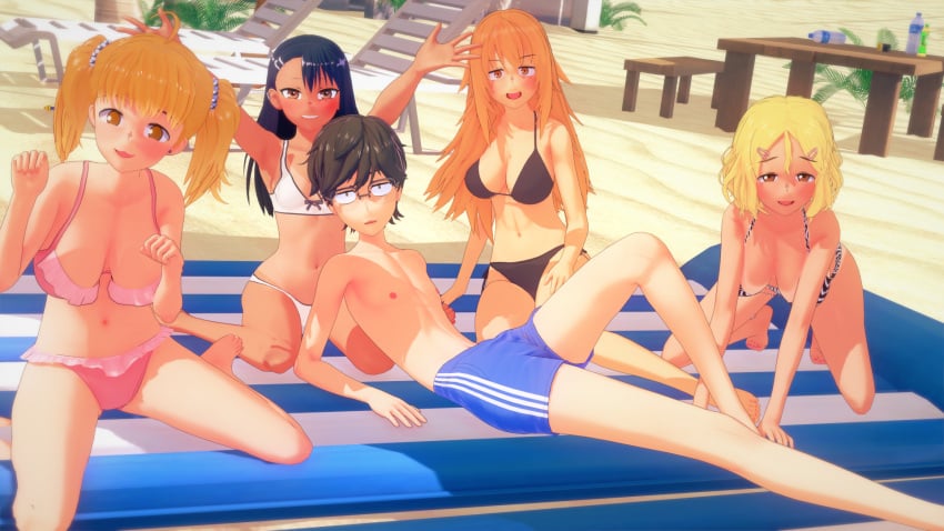 1boy 3d 4girls beach bikini black_hair blonde_hair blush breasts brown_eyes brown_hair clothed clothing cricgck female gamo-chan hayase_nagatoro hi_res highres long_hair looking_at_viewer naoto_hachioji_(senpai) on_back open_mouth orange_eyes orange_hair please_don't_bully_me,_nagatoro revealing_clothes sakura_(nagatoro) simple_background small_breasts smile tan tan-skinned_female tan_body tan_skin tanline tanned tanned_female yoshi_(nagatoro)