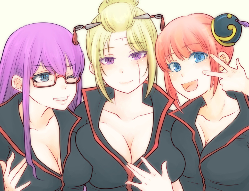 3girls big_breasts blonde_hair blue_eyes breast_squish bun_cover cleavage double_bun facial_scar female female_only gintama gintoki_sakata_(cosplay) glasses grin hair_ornament kagura_(gintama) kunai long_hair looking_at_viewer medium_breasts mole_under_eye multiple_girls open_mouth orange_hair paleatus popped_collar purple_eyes purple_hair sarutobi_ayame smile tied_hair tsukuyo upper_body v wearing_others_clothes wink