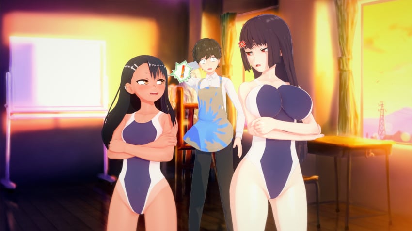 2girls 3d angry big_breasts black_hair breasts brown_eyes brown_hair clothed clothing cricgck curvy female hayase_nagatoro hi_res highres long_hair looking_at_viewer naoto_hachioji_(senpai) please_don't_bully_me,_nagatoro pose president_(nagatoro) purple_hair red_eyes revealing_clothes sana_sunomiya short_hair simple_background small_breasts swimsuit tan tan-skinned_female tan_body tan_skin tanline tanned tanned_female wide_hips