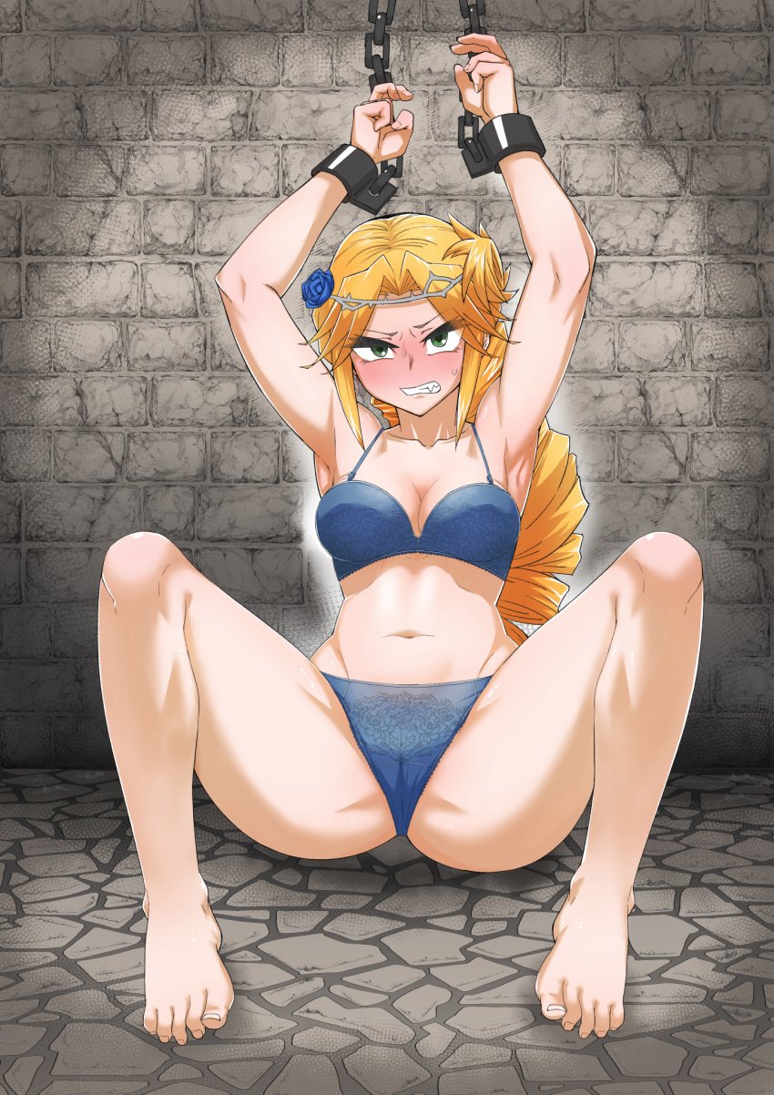 1girls angry armpits big_breasts blonde_hair blush bondage bra captured captured_heroine chained chains clenched_teeth defeated defeated_heroine dungeon feet female full-face_blush green_eyes humiliation imminent_rape imminent_sex lakyus_alvein_dale_aindra light_skin long_hair overlord_(maruyama) panties solo spread_legs thong underwear zeiminarai