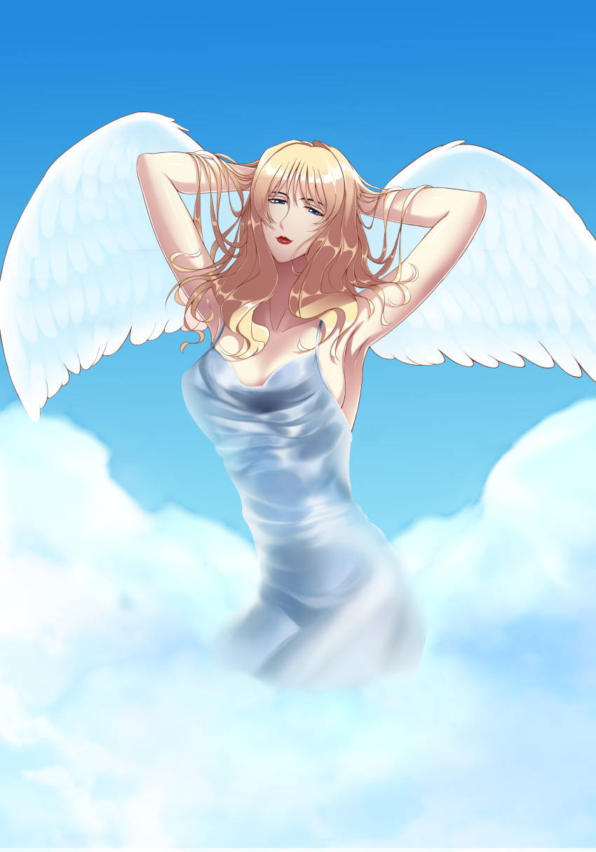 1girls angel angel_wings bangs blonde_hair blue_eyes breasts cowboy_bebop curls curly_hair happyboynumber1 heaven julia_(cowboy_bebop) lingerie