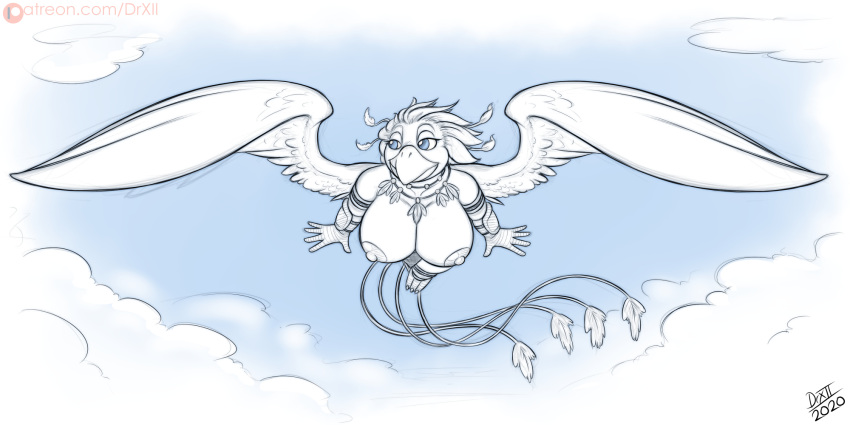 anthro areola aritak_(character) avian beak big_breasts bird breasts digital_media_(artwork) drxii european_mythology feathered_wings feathers female flying greek_mythology hi_res mythological_avian mythological_firebird mythology nipples outside phoenix simple_background sky smile solo wings