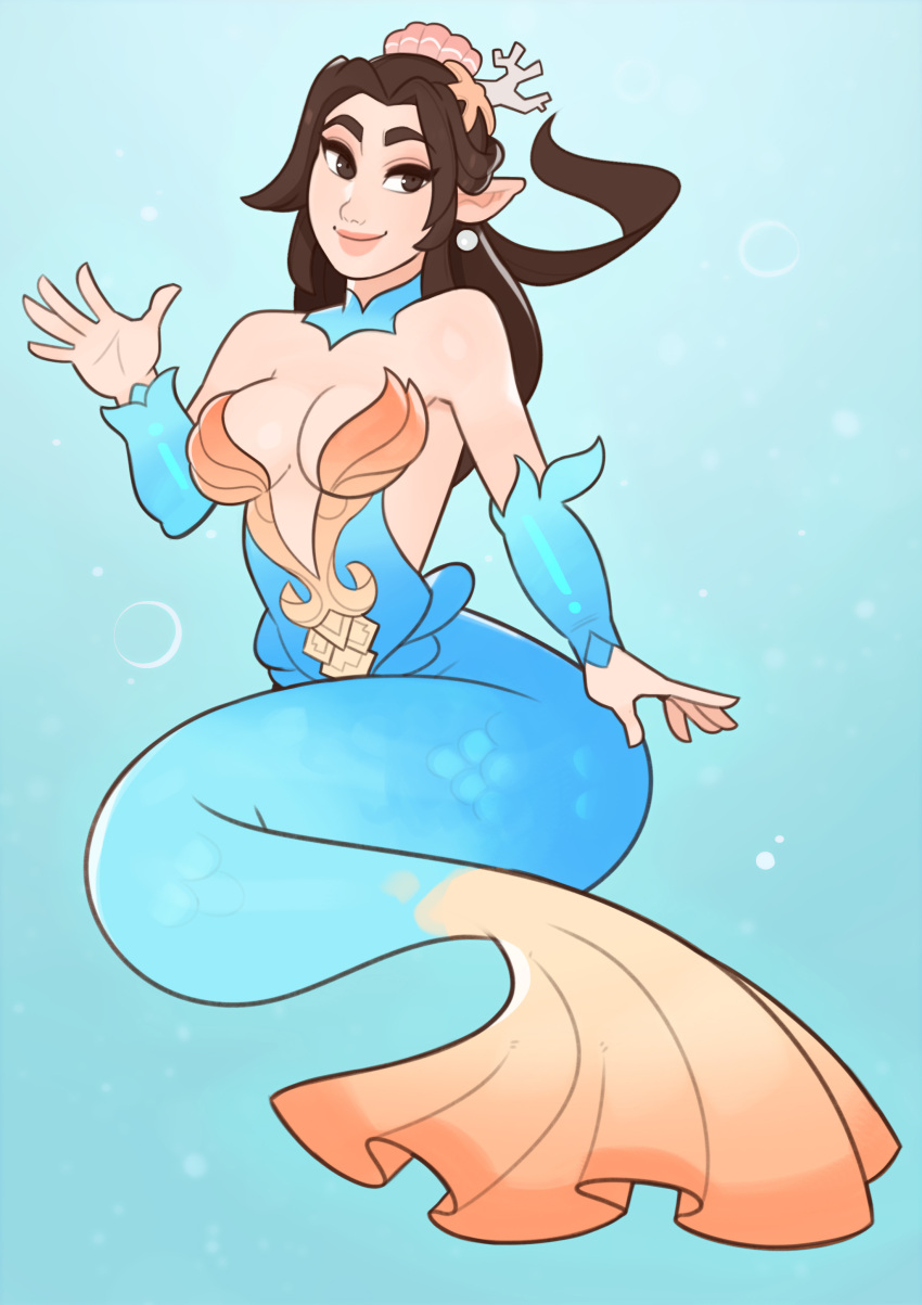 1girls blue_tail breasts brown_eyes brown_hair cleavage female female_only hi-rez_studios jpeg light-skinned_female light_skin looking_at_viewer mermaid mermaid_ying paladins smile solo splashbrush underwater water ying_(paladins)