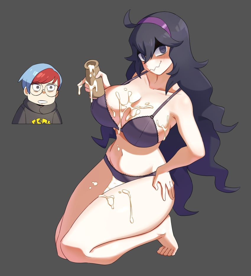 breasts cleavage female female_focus female_only flowerpigeon73 hex_maniac kneeling large_breasts long_hair nintendo penny_(pokemon) pokemon pokemon_sv simple_background thick_thighs thighs underwear wet