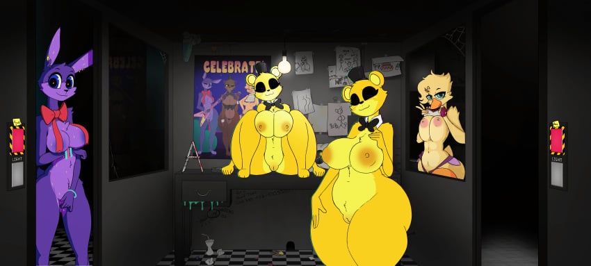 barely_clothed beak bonnie_(fnaf) chica_(fnaf) fishnets five_nights_at_freddy's five_nights_at_fuzzboob's freddy_(fnaf) genderswap genderswap_(mtf) glazed_(artist) golden_freddy_(fnaf) heart-shaped_pupils large_breasts masturbation piercing pressed_on_glass pressed_on_window rule_63 tagme