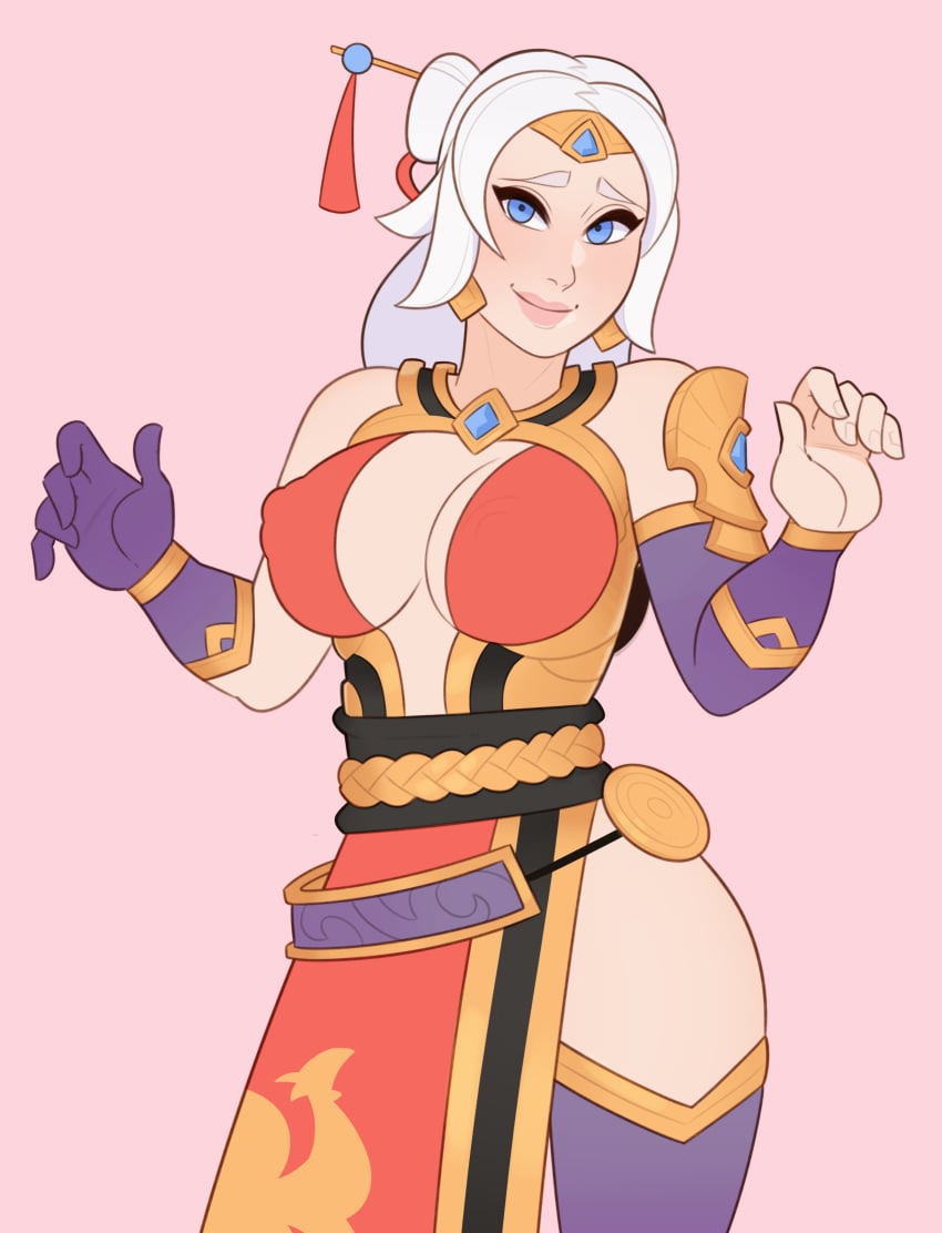 1girls big_breasts blue_eyes breasts cleavage clothing female female_only hair_ornament hi-rez_studios lian_(paladins) light-skinned_female light_skin nipples_visible_through_clothing paladins sideboob slutty_outfit solo solo_female splashbrush thick_thighs thighhighs white_hair