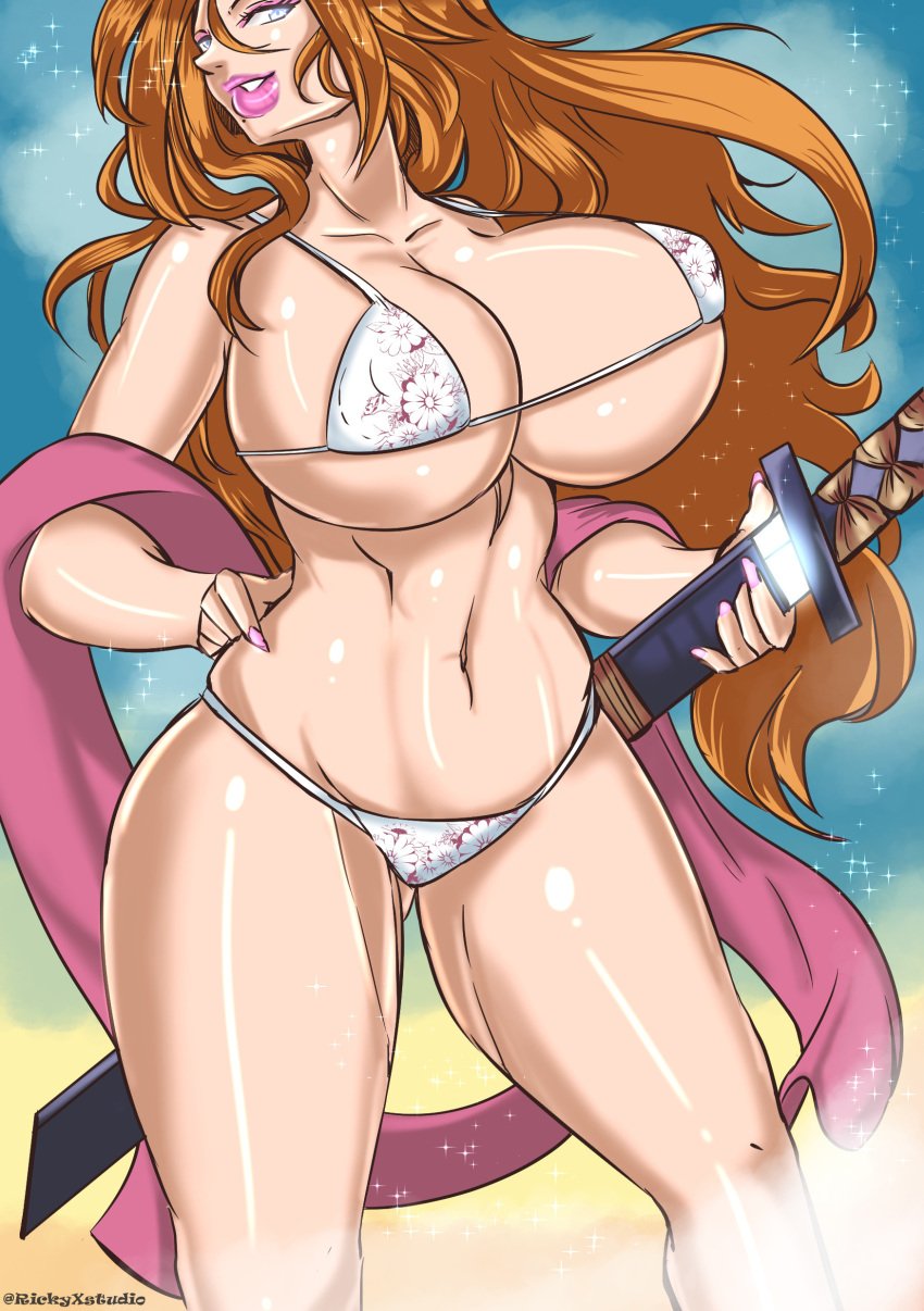 1female 1girls big_breasts big_lips bikini bimbo bleach blue_eyes breasts busty eyeshadow female female_focus female_only hourglass_figure hyper_breasts large_breasts long_hair makeup matsumoto_rangiku micro_bikini nail_polish navel pinup pinup_pose puffy_lips rangiku_matsumoto red_hair rickyxstudio solo solo_female standing sword tagme wide_hips