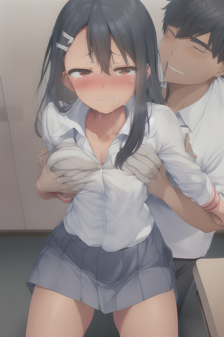 1boy 1girls ai_generated bc_jiyuu black_hair blush breasts brown_eyes clothed clothing female fondling forced hayase_nagatoro hi_res highres imminent_rape long_hair looking_at_viewer molestation please_don't_bully_me,_nagatoro rape revealing_clothes saliva school_uniform schoolgirl simple_background skirt small_breasts stable_diffusion tan tan-skinned_female tan_body tan_skin tanned tanned_female tears