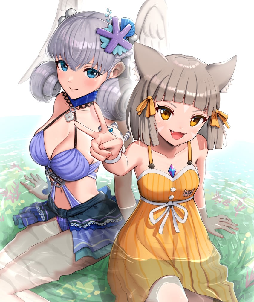 2girls absurd_res beach bikini blue_bikini blue_eyes breasts cat_ears catgirl choker cleavage core_crystal dress fangs female female_only gonzarez grey_hair hair_ornament highres hourglass_figure in_water large_breasts long_hair looking_at_viewer melia_antiqua midriff navel necklace nia nia_(xenoblade) nintendo open_mouth partially_submerged peace_sign princess short_hair silver_hair small_breasts smile smiling starfish sundress swimsuit thick_thighs thighs twintails v water wings xenoblade_(series) xenoblade_chronicles xenoblade_chronicles_2 yellow_dress yellow_eyes yellow_sundress