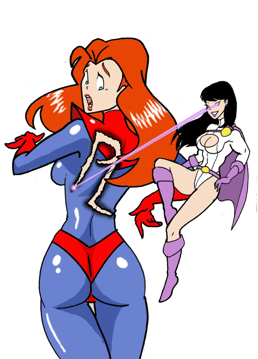 2girls ass ass_focus biceps big_ass brazilian_panties cartoony crossover damaged_clothes dat_ass dc dc_comics dcau female female_only fully_clothed giant_girl giantess laser_eyes latex latex_bodysuit latex_gloves latex_panties latex_suit leotard lois_lane lois_lane_(dcau) marvel marvel_comics mary_jane_watson muscles muscular_female pink_cape power_girl power_girl_(cosplay) red_hair red_panties spider-man_(series) superman:_the_animated_series superman_(series) tight_clothing