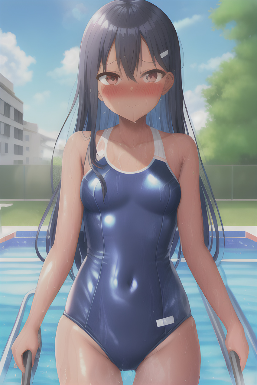 1girls ai_generated bc_jiyuu black_hair blush breasts brown_eyes clothed clothing female female_focus female_only hayase_nagatoro hi_res highres long_hair looking_at_viewer navel please_don't_bully_me,_nagatoro revealing_clothes simple_background small_breasts solo stable_diffusion sweat swimsuit tan tan-skinned_female tan_body tan_skin tanline tanned tanned_female