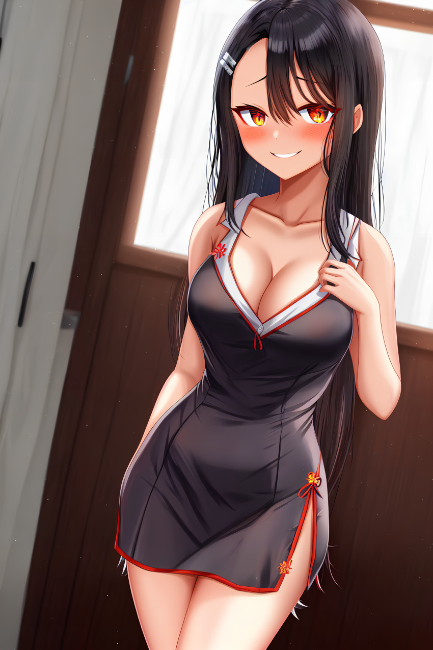 1girls ai_generated big_breasts black_hair blush breasts brown_eyes clothed clothing curvy dress female female_focus female_only hayase_nagatoro hi_res highres long_hair looking_at_viewer nai_diffusion navel pixiz-sama please_don't_bully_me,_nagatoro revealing_clothes simple_background smile solo stable_diffusion tan tan-skinned_female tan_body tan_skin tanned tanned_female wide_hips