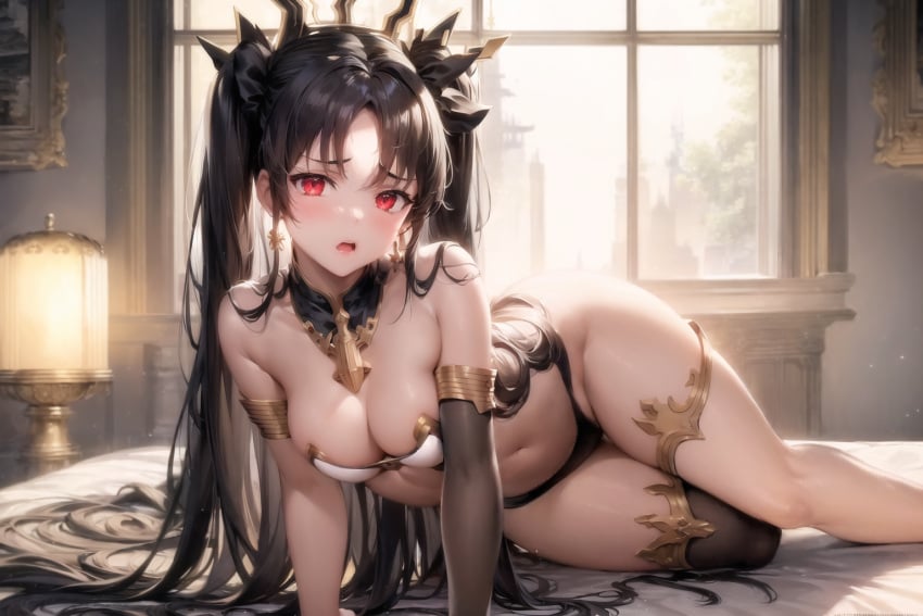 1girls ai_generated asymmetrical_legwear black_hair earrings fate/grand_order fate_(series) hair_ribbon ishtar_(fate) ishtar_(fate/grand_order) jewelry long_hair nai_diffusion open_mouth red_eyes ribbon single_thighhigh solo stable_diffusion twintails underwear