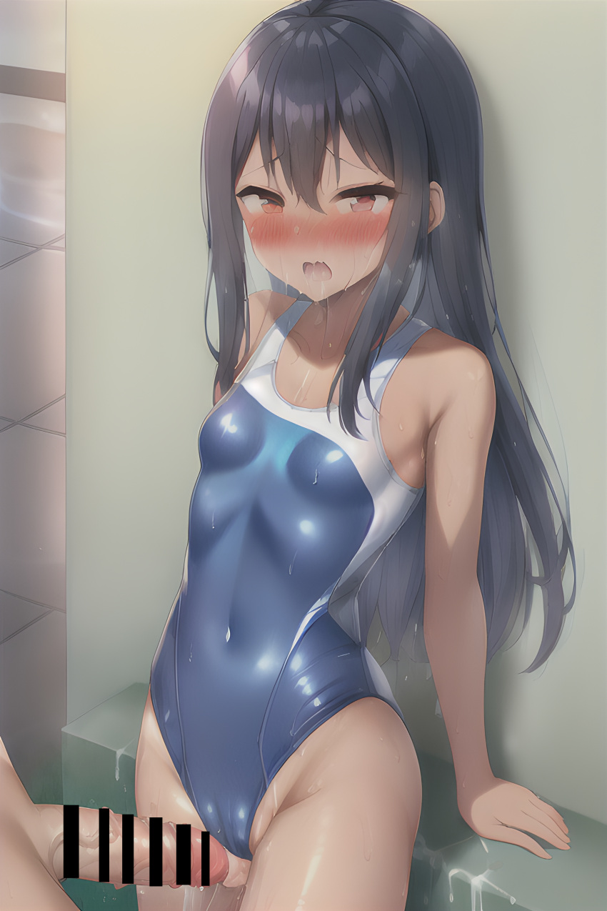 1girls ai_generated bc_jiyuu black_hair blush breasts brown_eyes cameltoe clothed clothing erection female hayase_nagatoro hi_res highres imminent_sex long_hair naoto_hachioji_(senpai) navel open_mouth penis please_don't_bully_me,_nagatoro revealing_clothes simple_background small_breasts stable_diffusion sweat swimsuit tan tan-skinned_female tan_body tan_skin tanned tanned_female