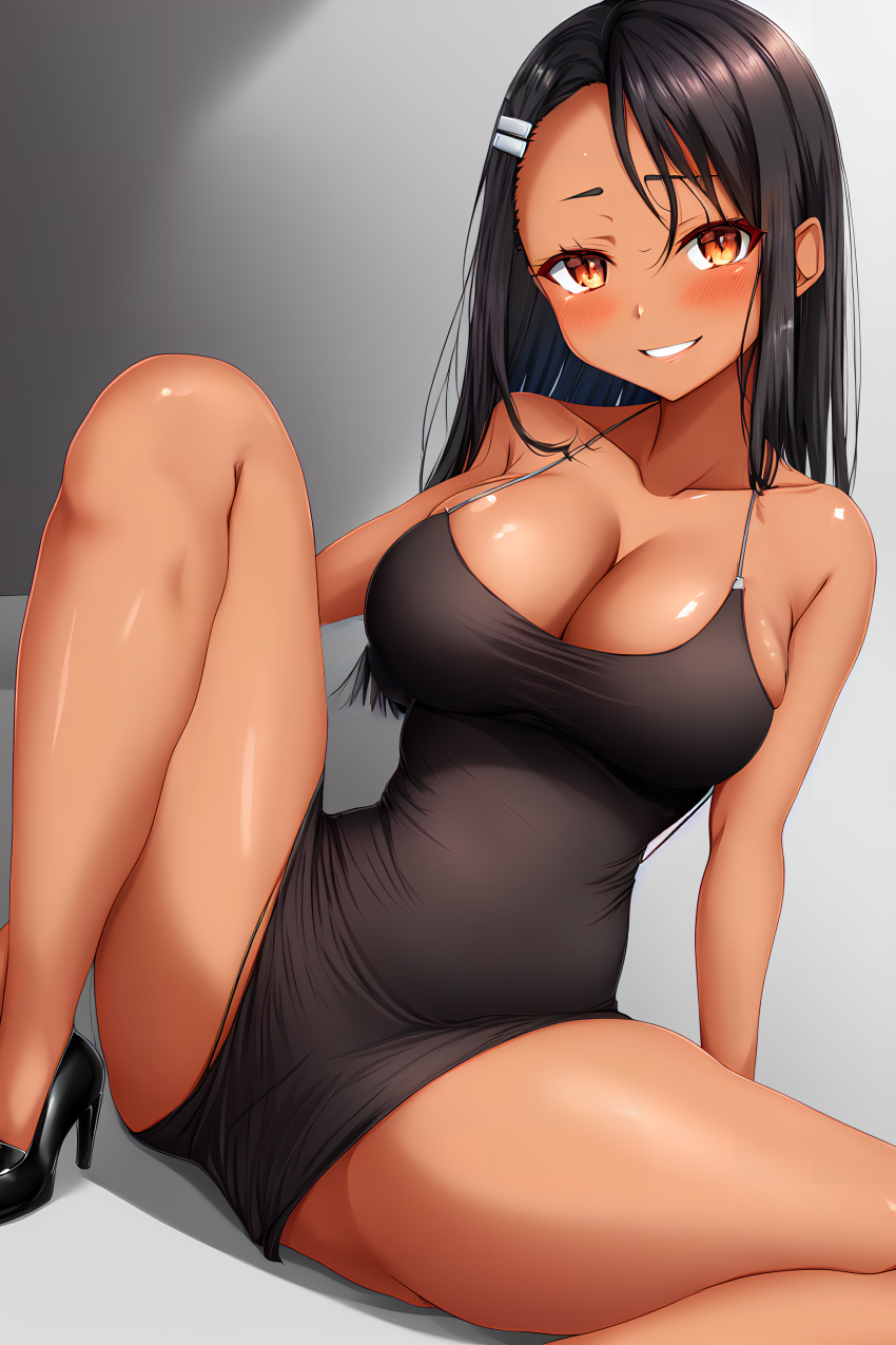 1girls ai_generated big_breasts black_hair blush breasts brown_eyes clothed clothing curvy dress female female_focus female_only hayase_nagatoro hi_res high_heels highres long_hair looking_at_viewer mommy nai_diffusion navel pixiz-sama please_don't_bully_me,_nagatoro revealing_clothes simple_background smile solo stable_diffusion tan tan-skinned_female tan_body tan_skin tanned tanned_female wide_hips