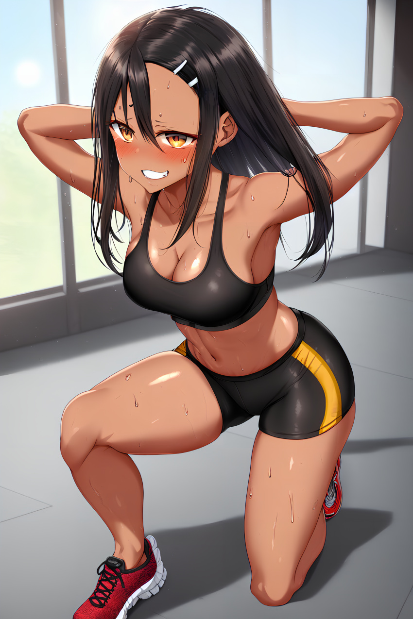 1girls ai_generated big_breasts black_hair blush breasts brown_eyes clothed clothing curvy female female_focus female_only hayase_nagatoro hi_res highres long_hair looking_at_viewer muscular muscular_female nai_diffusion navel pixiz-sama please_don't_bully_me,_nagatoro revealing_clothes simple_background smile solo sports_bra sportswear stable_diffusion tan tan-skinned_female tan_body tan_skin tanned tanned_female wide_hips