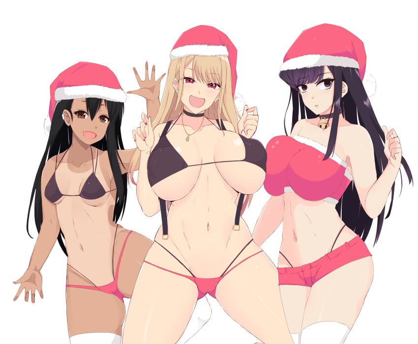 3girls big_breasts black_hair blonde_hair breasts brown_eyes christmas clothed clothing collar crossover curvy female female_only gyaru hayase_nagatoro hi_res highres kitagawa_marin komi-san_wa_komyushou_desu komi_shouko long_hair multiple_girls open_mouth please_don't_bully_me,_nagatoro pose purple_hair red_eyes revealing_clothes santa_hat simple_background small_breasts sombra222 sono_bisque_doll_wa_koi_wo_suru tan tan-skinned_female tan_body tan_skin tanline tanned tanned_female white_background wide_hips