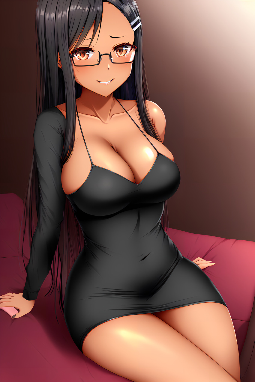 1girls ai_generated big_breasts black_hair blush breasts brown_eyes clothed clothing curvy dress female female_focus female_only glasses hayase_nagatoro hi_res highres long_hair looking_at_viewer mommy nai_diffusion navel pixiz-sama please_don't_bully_me,_nagatoro revealing_clothes simple_background smile solo stable_diffusion tan tan-skinned_female tan_body tan_skin tanned tanned_female wide_hips