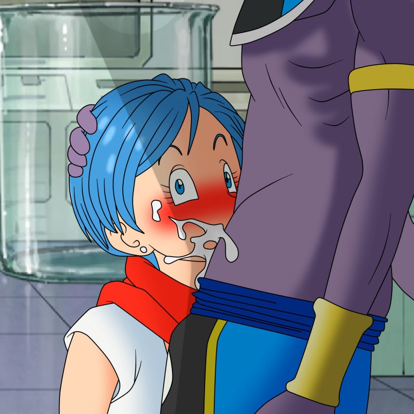 1boy 1girls 2021 all_the_way_to_the_base anthro anthro_on_human beerus blue_eyes blue_hair blush bulma_briefs clothing cum cum_in_mouth cum_in_throat cum_inside cum_on_face cute deepthroat deepthroat_holder dragon_ball dragon_ball_super embarrassed facial fellatio female furry hand_on_head highres kneeling male oral penis red_scarf scarf setthh98 shirt shocked short_hair skinny slim straight surprised throatpie