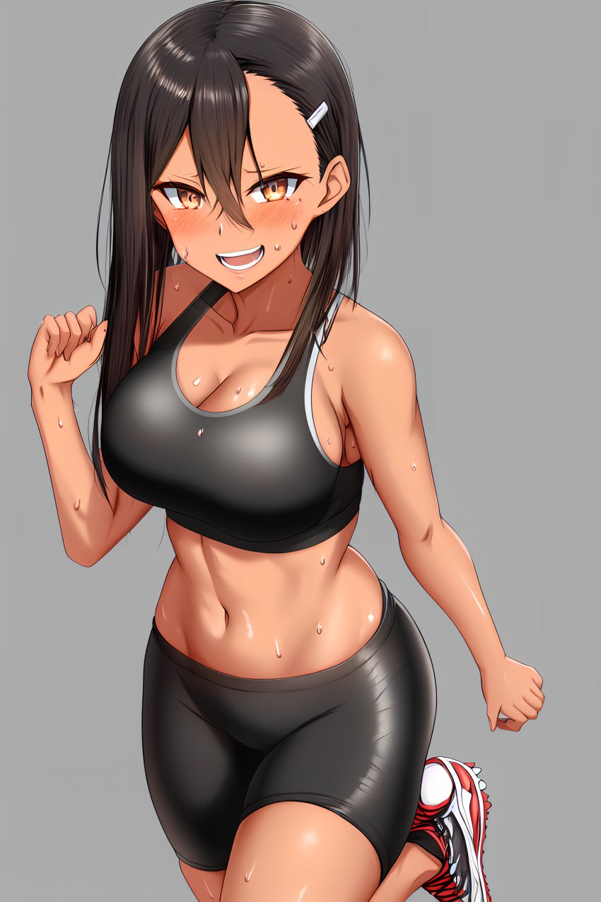 1girls ai_generated big_breasts black_hair blush breasts brown_eyes clothed clothing curvy female female_focus female_only hayase_nagatoro hi_res highres long_hair looking_at_viewer muscular muscular_female nai_diffusion navel pixiz-sama please_don't_bully_me,_nagatoro revealing_clothes simple_background smile solo sports_bra sportswear stable_diffusion tan tan-skinned_female tan_body tan_skin tanned tanned_female wide_hips