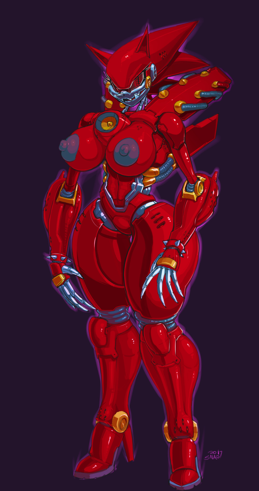 absurd_res breasts buchi_holes chaotix eulipotyphlan fangs featureless_crotch female grey_body grey_fingers hedgehog hi_res knuckles'_chaotix machine mammal metal_sonic_kai nipples purple_background red_body red_eyes robot robot_girl rule_63 sega simple_background snao solo solo_female sonic_(series) sonic_the_hedgehog_(series) teeth wide_hips