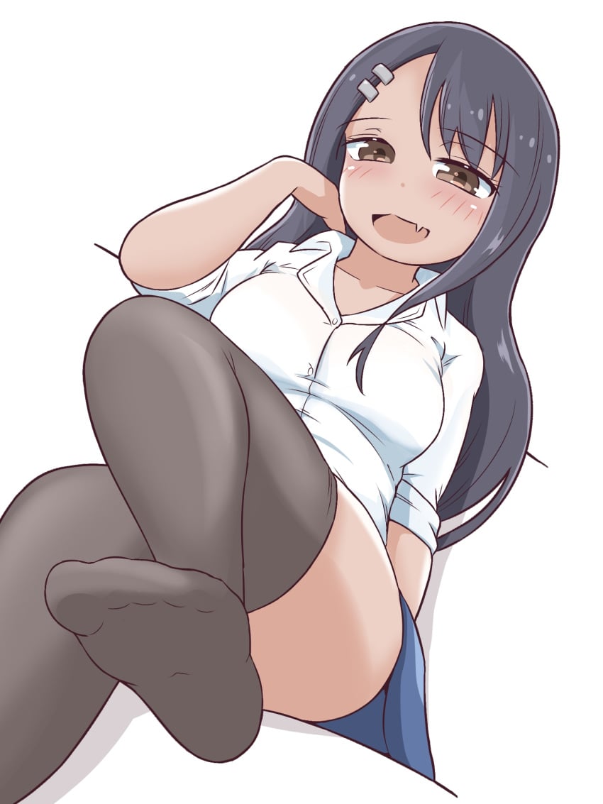 1girls big_breasts black_hair blush breasts brown_eyes clothed clothing fangs feet female female_focus female_only hayase_nagatoro hi_res highres kaikon_shokubutsu long_hair looking_at_viewer looking_down please_don't_bully_me,_nagatoro revealing_clothes simple_background skirt smile solo tan tan-skinned_female tan_body tan_skin tanned tanned_female upskirt