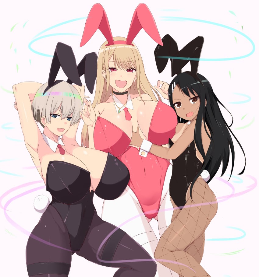 3girls big_breasts black_hair blonde_hair breasts brown_eyes bunny_ears bunnysuit cleavage clothed clothing crossover curvy female female_only hayase_nagatoro hi_res highres kitagawa_marin long_hair looking_at_viewer multiple_girls open_mouth please_don&#039;t_bully_me,_nagatoro revealing_clothes silver_hair simple_background small_breasts sombra222 sono_bisque_doll_wa_koi_wo_suru tan tan-skinned_female tan_body tan_skin tanned tanned_female uzaki-chan_wa_asobitai! uzaki_hana white_background wide_hips