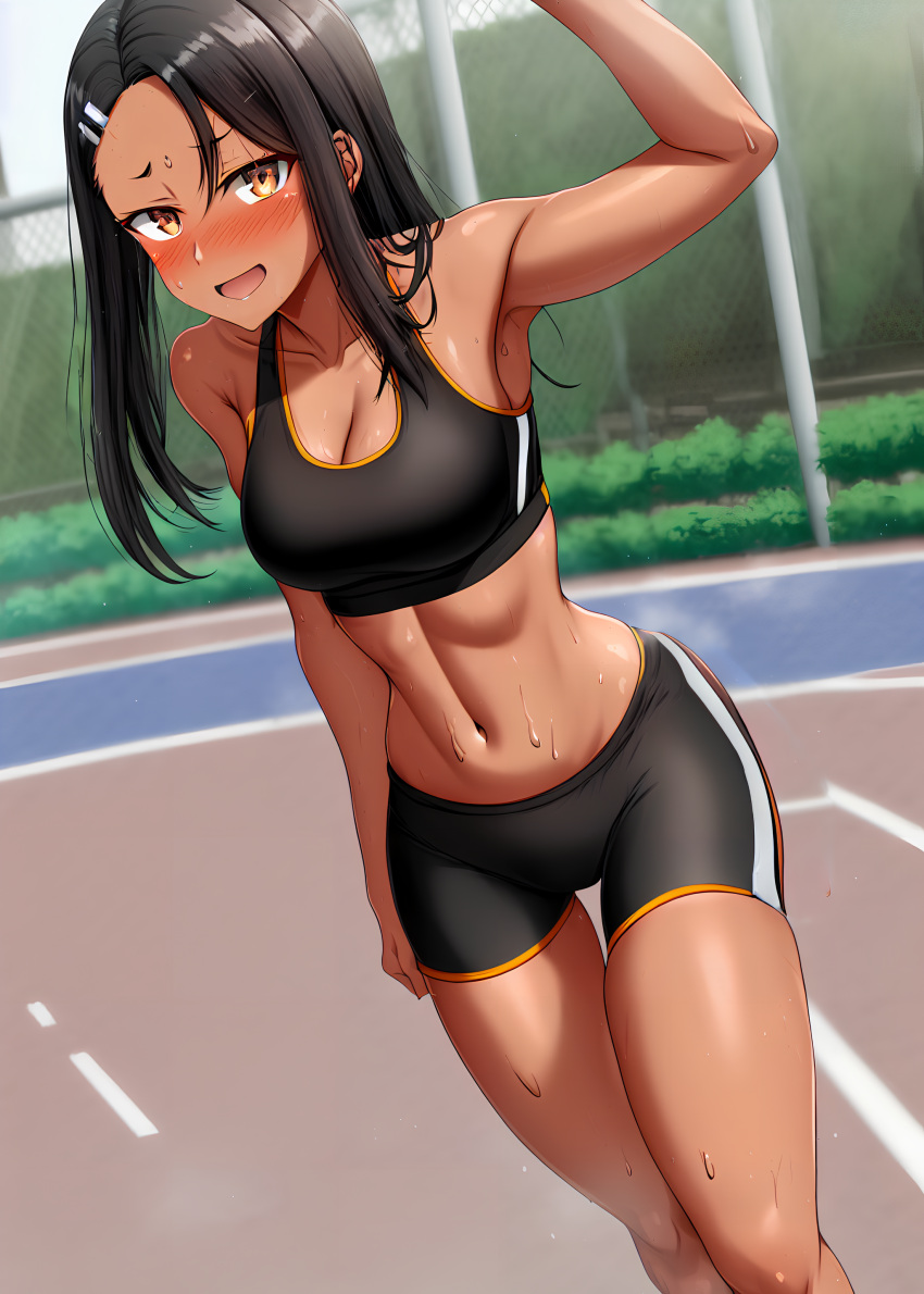 1girls ai_generated big_breasts black_hair blush breasts brown_eyes clothed clothing curvy female female_focus female_only hayase_nagatoro hi_res highres long_hair looking_at_viewer muscular muscular_female nai_diffusion navel pixiz-sama please_don't_bully_me,_nagatoro revealing_clothes simple_background smile solo sports_bra sportswear stable_diffusion tan tan-skinned_female tan_body tan_skin tanned tanned_female wide_hips