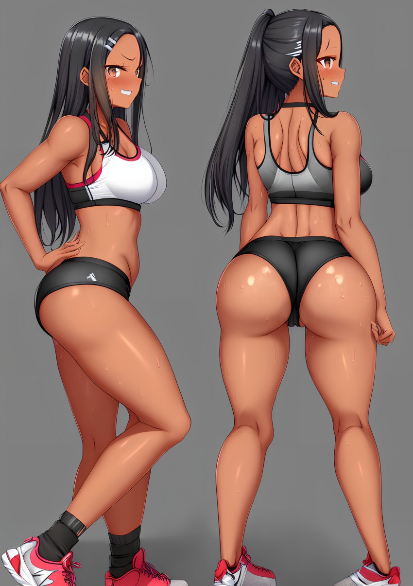 1girls ai_generated big_breasts black_hair blush breasts brown_eyes clothed clothing curvy female female_focus female_only hayase_nagatoro hi_res highres long_hair looking_at_viewer muscular muscular_female nai_diffusion navel pixiz-sama please_don't_bully_me,_nagatoro revealing_clothes simple_background smile solo sports_bra sportswear stable_diffusion tan tan-skinned_female tan_body tan_skin tanned tanned_female wide_hips