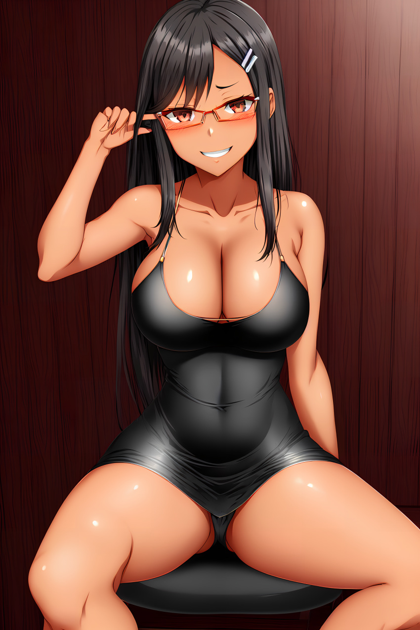 1girls ai_generated big_breasts black_hair blush breasts brown_eyes clothed clothing curvy dress female female_focus female_only glasses hayase_nagatoro hi_res highres long_hair looking_at_viewer nai_diffusion navel pixiz-sama please_don't_bully_me,_nagatoro revealing_clothes simple_background smile solo stable_diffusion tan tan-skinned_female tan_body tan_skin tanned tanned_female wide_hips