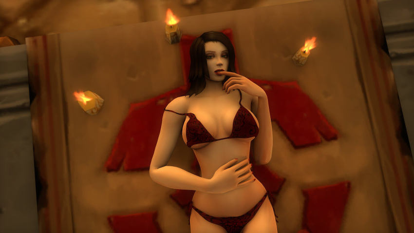 1girls 3d big_breasts bikini black_hair blizzard_entertainment human human_(world_of_warcraft) justicaralb laying_down light-skinned_female light_skin lorena_cantoclaro original_character solo warcraft world_of_warcraft