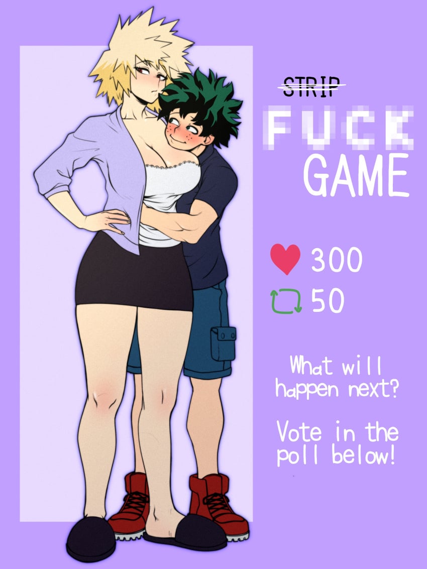 1boy 1girls age_difference blonde_hair blush breasts female green_eyes green_hair haction_(artist) hugging izuku_midoriya large_breasts light-skinned_female light-skinned_male light_skin looking_at_another looking_away milf mitsuki_bakugou muscular_male my_hero_academia open_shirt penis pink_nails red_eyes simple_background smile spiky_hair straight