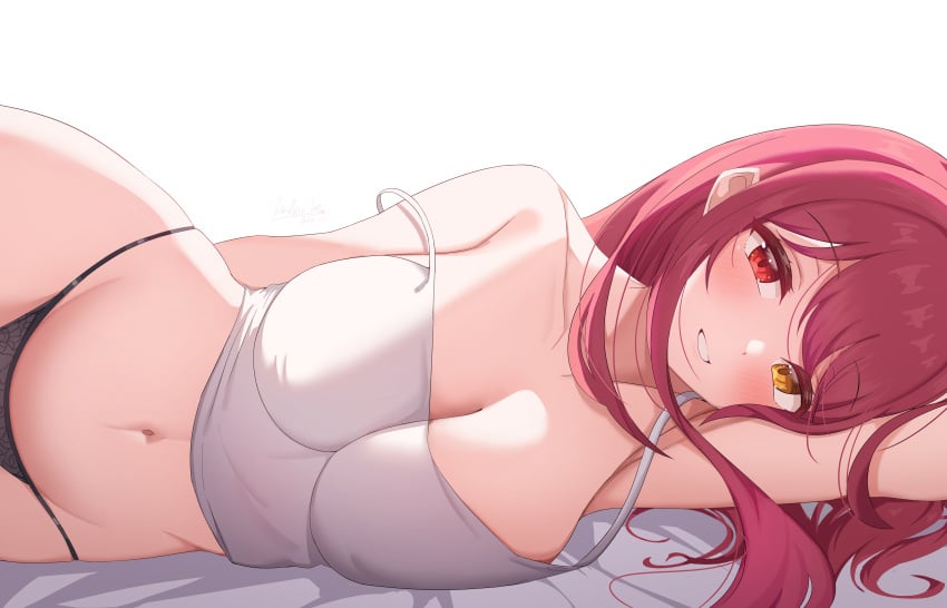 1girls almost_naked bed belly belly_bulge belly_button big_breasts black_panties blush blushing_at_viewer breast_squeeze breasts cleavage cleavage_overflow collarbone female female_only g_string hashira_14 heterochromia hololive hololive_fantasy hololive_japan houshou_marine lace lace-trimmed_panties large_breasts long_hair looking_at_viewer loose_clothes lying lying_on_bed nipple_bulge on_bed one_arm_up panties red_eyes red_hair simple_background tank_top teeth_showing teeth_visible thighs toothy_grin underwear virtual_youtuber white_background white_tank_top yellow_eyes