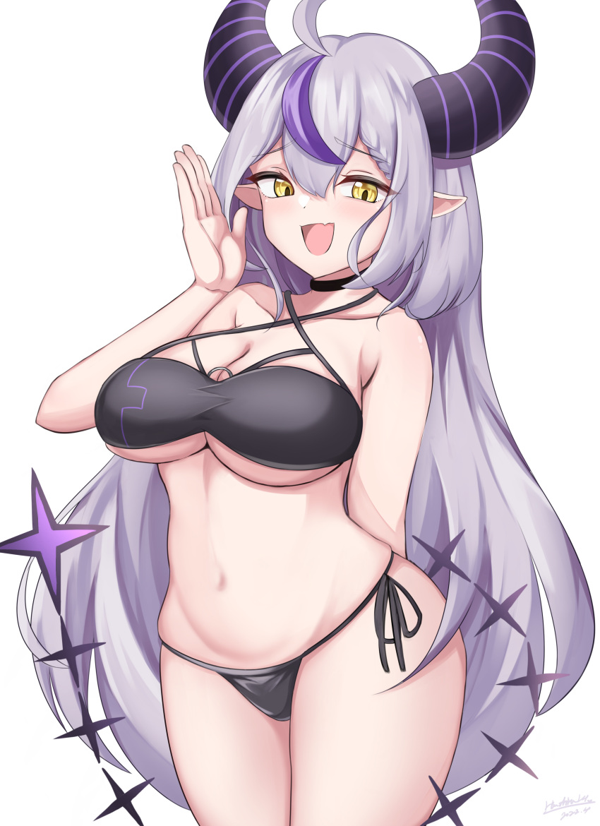 1girls :d ahe_gao armpit_crease armpits arrogant belly belly_bulge belly_button big_breasts bikini black_bikini black_swimsuit blush blushing_at_viewer breasts cocky collarbone eyebrows eyebrows_visible_through_hair eyelashes fangs female female_only hashira_14 hololive hololive_japan holox horns la+_darknesss legs_together long_hair looking_at_viewer one_arm_behind_back one_arm_up purple_hair sharp_ears simple_background sling_bikini slingshot_swimsuit standing striped_bikini swimsuit tail underboob virtual_youtuber white_background yellow_eyes