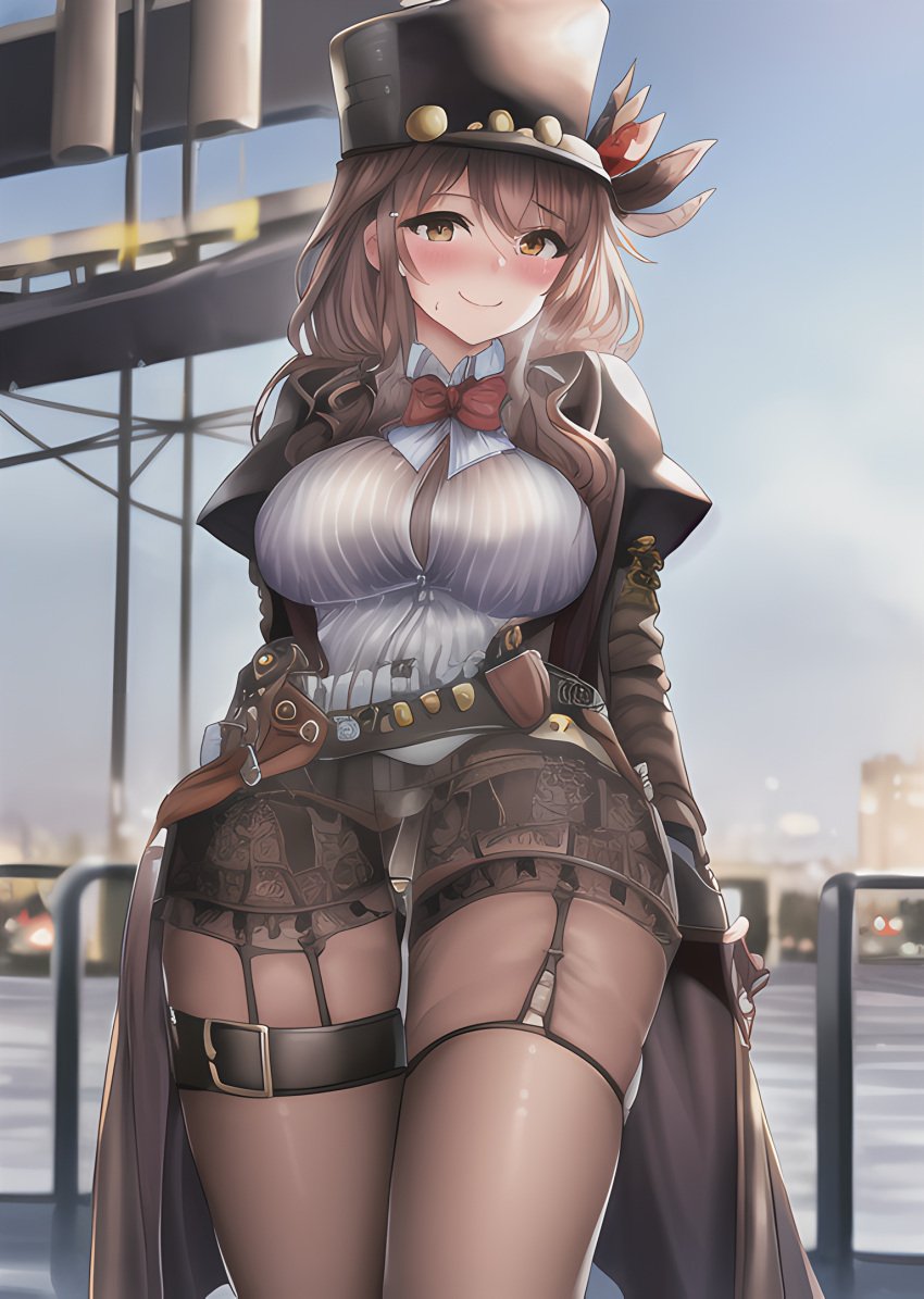 ai_generated blush blushing_at_viewer brown_eyes brown_hair garter_belt garter_straps hat looking_at_viewer medium_breasts smile steampunk thick_thighs white_blouse