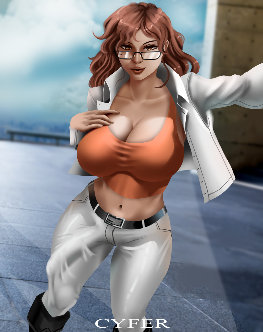 1futa absurd_res athorment_oc big_breasts breasts brown_eyes brown_hair bulge cameltail cleavage clothed clothing cyfer cyferdraws erection erection_under_clothes evelyn_(athorment) evelyn_(athorment)_(futa) evelyn_mirage_(athorment) fully_clothed futa_only futanari glasses huge_cock human intersex jeans latina light-skinned_futanari light_skin long_hair looking_at_viewer navel penis red_shirt selfie smile solo solo_futa standing white_jeans