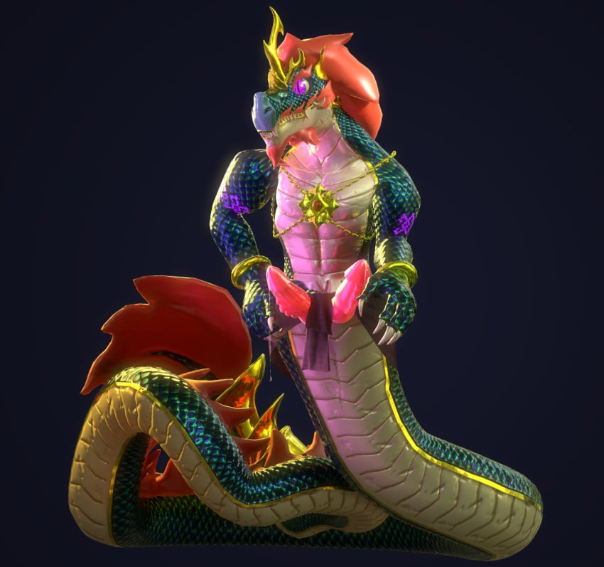 anthro apode asian_clothing asian_mythology biped bodily_fluids clothed clothing draconcopode dragon dripping erection farionelle genital_fluids genitals gold_(metal) gold_jewelry hair horn_jewelry hybrid jewelry lamia leaking_precum legless male muscular muscular_male mythology naga orb partially_clothed penis precum precum_drip precum_string reptile scales scalie serpentine snake solo split_form tattoo