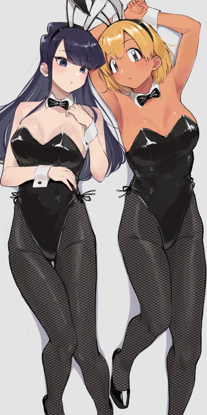 2girls armpits arms_up artist_request big_breasts blonde_hair bowtie bunny_ears bunnysuit cleavage clothed_female dark-skinned_female dark_hair dark_skin female female_only fishnets gyaru komi-san_wa_komyushou_desu komi_shouko light-skinned_female light_skin long_hair looking_at_viewer manbagi_rumiko short_hair solo_female white_skin