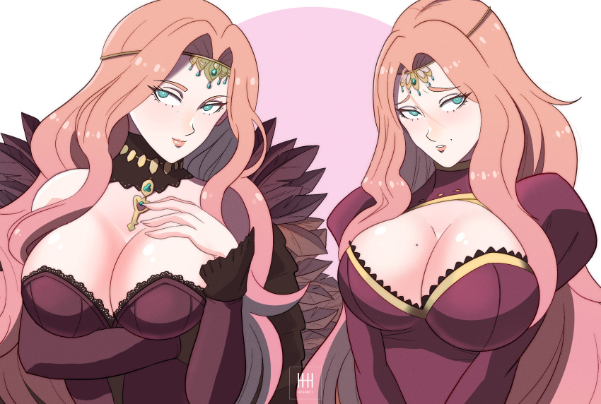 2girls absurdres alternate_costume alternate_universe breasts cleavage cleobulus cornelia_arnim dual_persona female female_only fire_emblem fire_emblem:_three_houses highres ihsnet key large_breasts long_hair mole mole_above_mouth mole_on_breast multiple_girls multiple_persona nintendo orange_hair seductive_smile smile very_long_hair