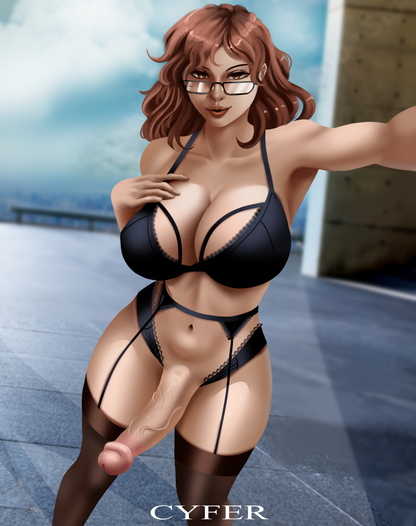 1futa absurd_res athorment_oc big_breasts big_penis bra breasts bronze_skin_color brown_eyes brown_hair cleavage clothed clothing cock cyfer cyferdraws erection evelyn_(athorment) evelyn_(athorment)_(futa) evelyn_mirage_(athorment) futa_only futanari garter_belt glasses huge_cock human intersex latina light-skinned_futanari light_skin lingerie long_hair looking_at_viewer mostly_nude navel panties penis selfie smile solo solo_futa standing thighhighs veiny_penis