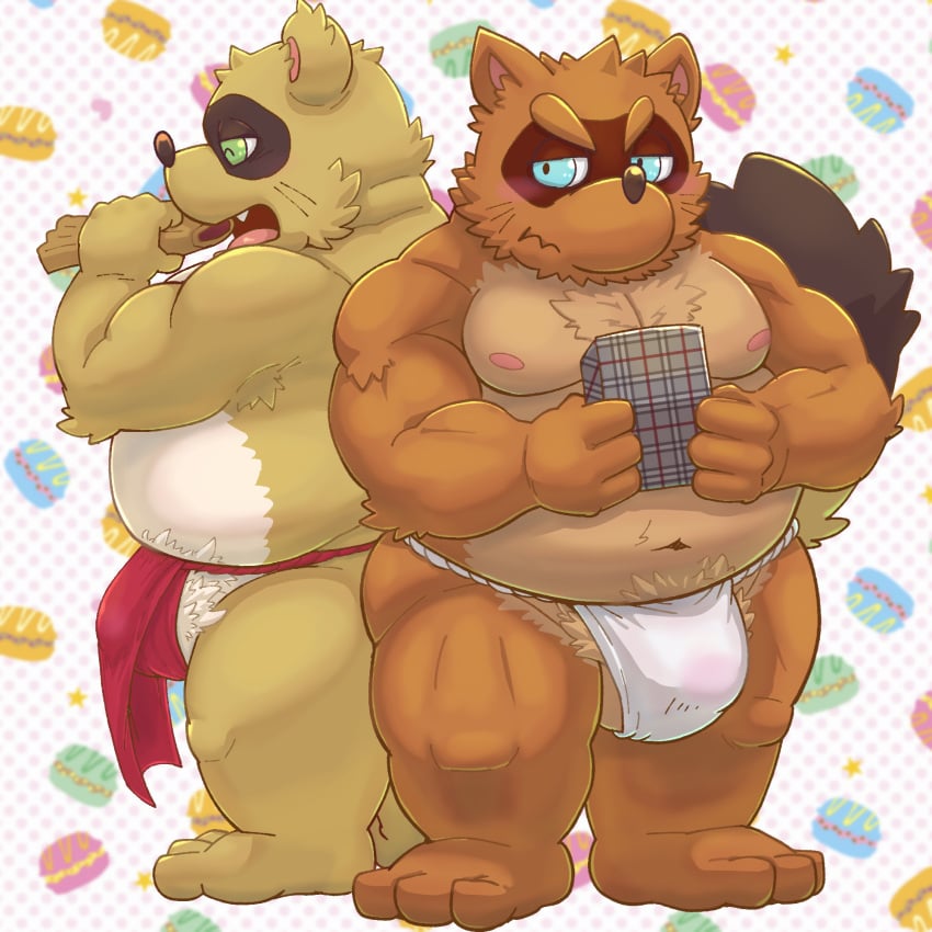 2023 anthro asian_clothing balls belly big_belly blue_eyes blush brown_body brown_fur bulge canid canine clothing duo east_asian_clothing eating food fundoshi fur genitals green_eyes hi_res humanoid_hands japanese_clothing kemono male male/male mammal moobs nipples overweight overweight_male raccoon_dog red_clothing red_fundoshi red_underwear rockmai3 sengoku_puzzle shadow_ieyasu tanuki tokugawa_ieyasu underwear white_clothing white_fundoshi white_underwear