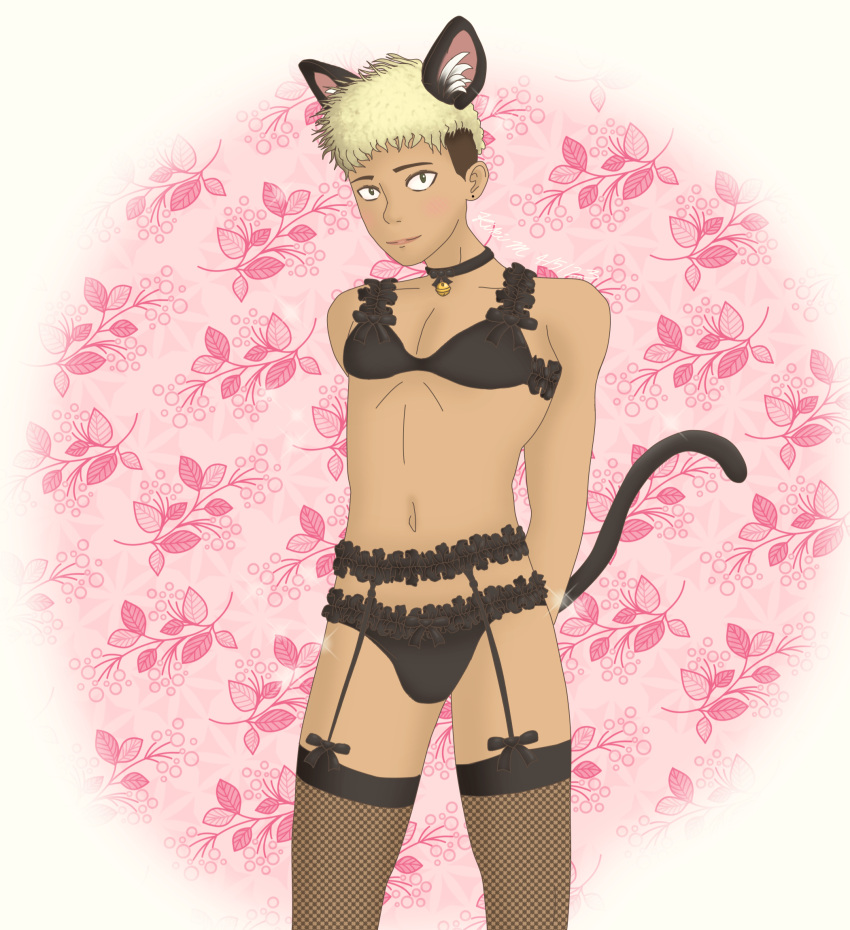 1boy anal_dilwer black_lingerie blonde_hair cat_ears cat_tail catboy depeche_mode femboy garter_belt green_eyes lace-trimmed_bra lace-trimmed_panties lace-trimmed_thighhighs lace_trim lingerie martin_gore musician neko