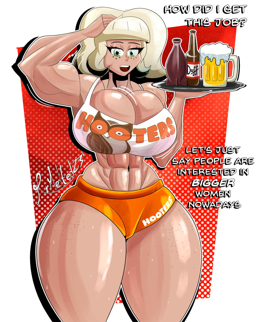 1girls abs alcohol biceps big_breasts blonde_hair breasts busty clothing dark_skin dialogue female female_focus female_only freckles green_eyes hooters huge_breasts human jackie_lynn_thomas large_breasts looking_at_viewer mrmelted muscular_female nuka-cola platinum_blonde_hair serving_tray shirt shorts solo sportswear star_vs_the_forces_of_evil sweat talking_to_viewer tan_skin text thick_thighs thunder_thighs wide_hips