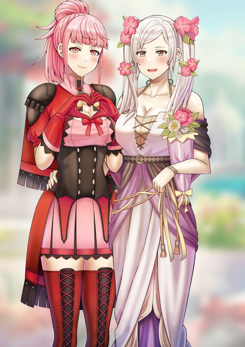 2girls absurdres alternate_costume alternate_hairstyle arm_around_waist bangs bare_thighs blurry blurry_background blush boots bow breasts brown_eyes cleavage collarbone dress female female_only fire_emblem fire_emblem:_three_houses fire_emblem_awakening fire_emblem_heroes fire_emblem_warriors:_three_hopes flower gesture gloves grey_hair hair_bun hair_flower hair_ornament heart heart_hands highres hilda_valentine_goneril large_breasts long_dress long_hair looking_at_viewer medium_breasts medium_hair multiple_girls nintendo official_alternate_costume official_alternate_hairstyle pink_eyes pink_hair ponytail red_gloves red_thighhighs ribbon robin_(female)_(valentine)_(fire_emblem) robin_(fire_emblem) robin_(fire_emblem)_(female) saikunartworks skirt smile strapless strapless_dress thigh_boots thighhighs thighs twintails white_dress zettai_ryouiki