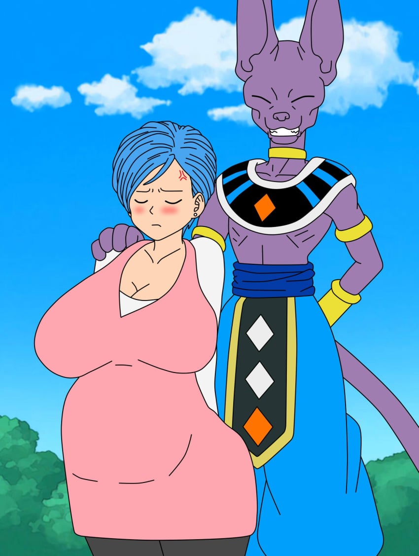 1boy 1girls 2020 annoyed anthro anthro_on_human bbw beerus blue_hair blush breasts bulma_briefs closed_eyes clothed clothing dragon_ball dragon_ball_super embarrassed female furry highres huge_belly large_breasts male no_sex pregnant setthh98 sfw short_hair smile straight unamused