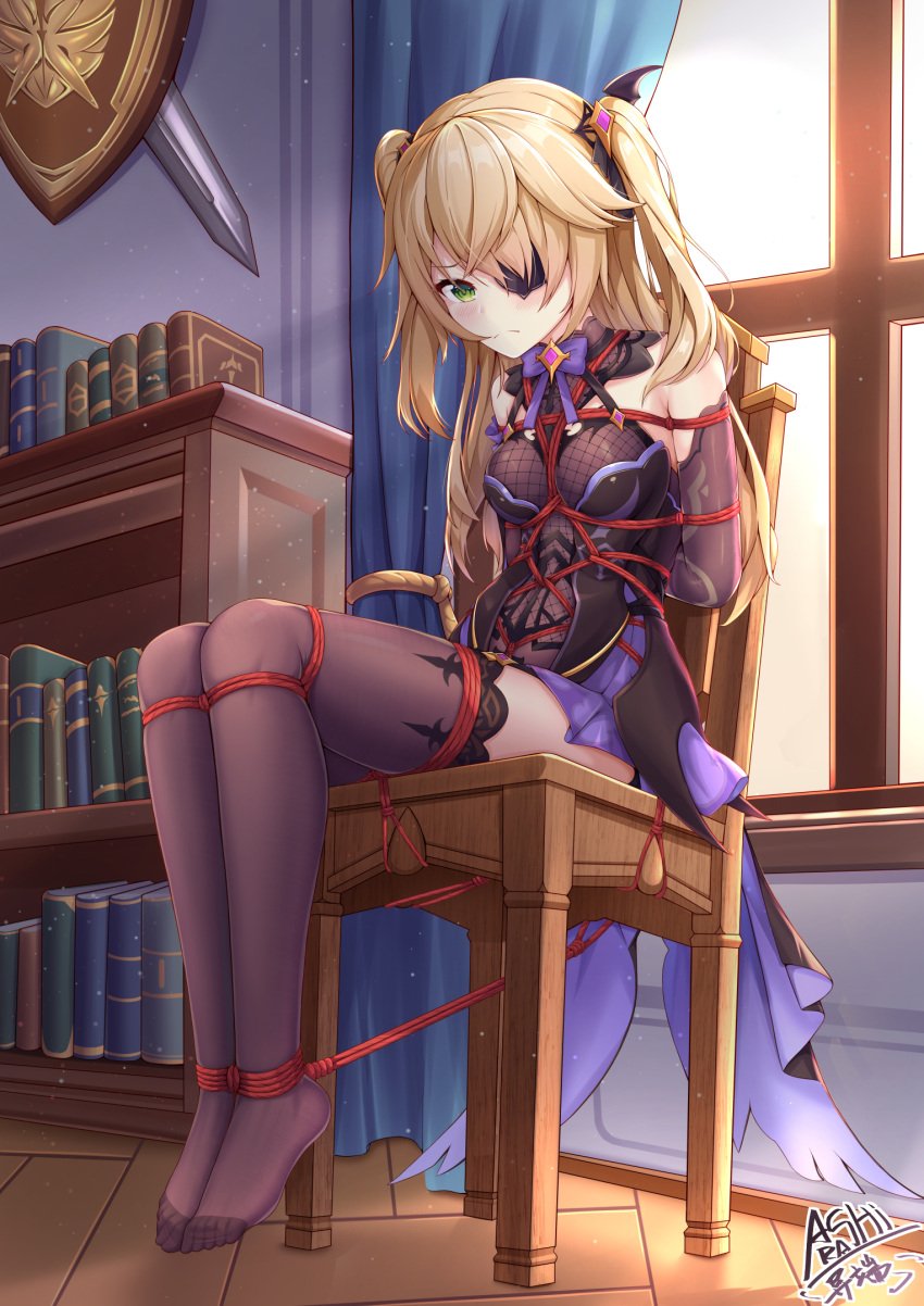 1girls blonde_hair blush bondage chair eyepatch feet female_only fischl_(genshin_impact) genshin_impact green_eyes restrained rope rope_bondage sitting thighhighs tied tied_up yiduan_zhu