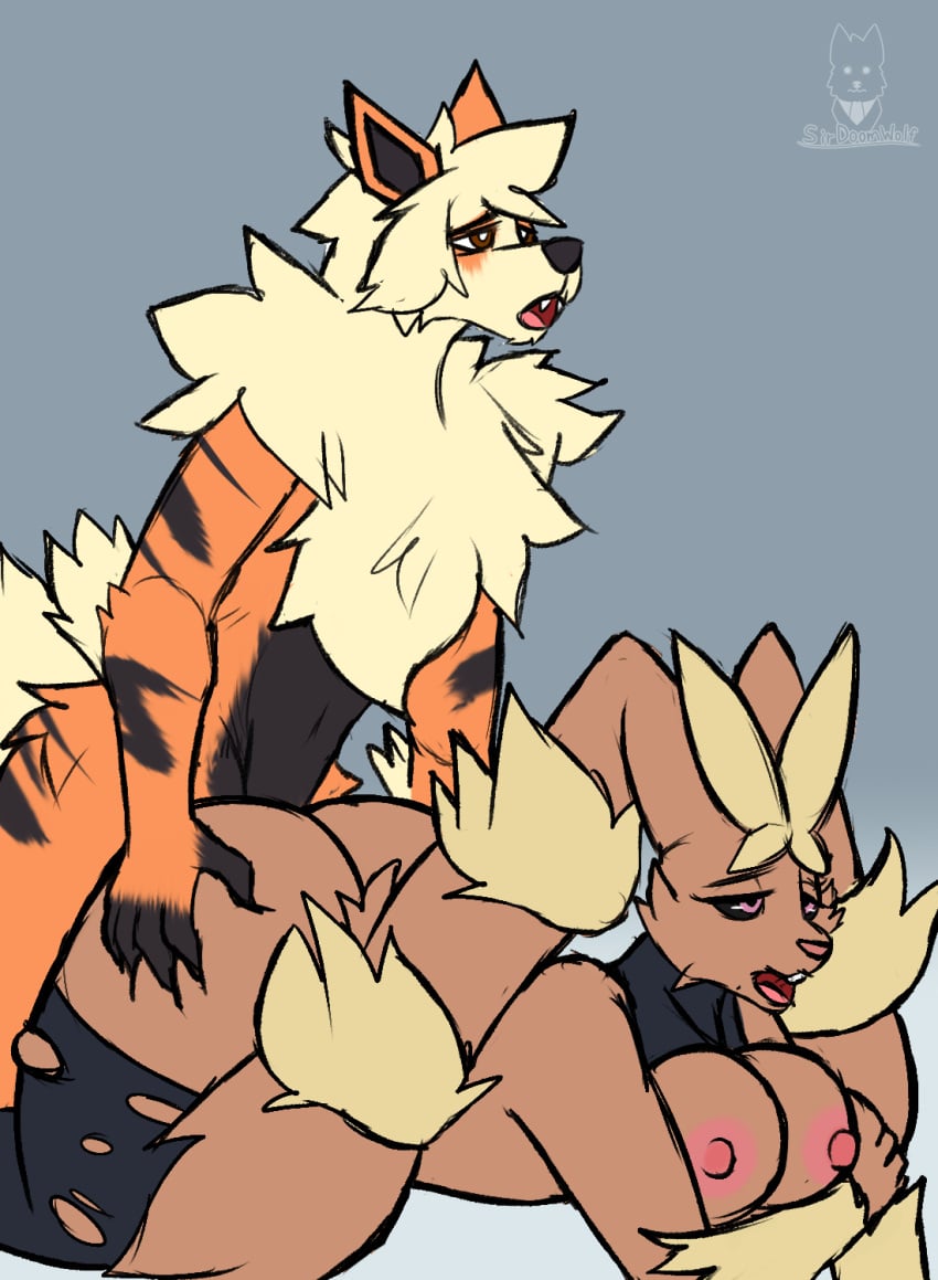 all_fours anthro arcanine breasts canid doggy_style duo female from_behind_position generation_1_pokemon generation_4_pokemon hi_res lopunny male male/female male_penetrating mammal mega_evolution mega_lopunny nintendo nipples penetration pokemon pokemon_(species) sex sirdoomwolf